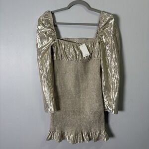 Wilfred Aritzia S Gold Metallic Puff Sleeve Square Neck Ballad Mini Dress NWT
